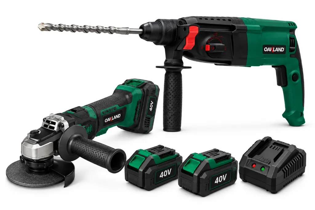 COMBO MINIESMERILADORA 4 1/2 40 VOLTS+2 BAT+CARGADOR+ESTUCHE+ROTOMARTILLO SDS PLUS DE 800 W C/BROQUERO DE 1/2 INCLUIDO OAK-COMBO-82